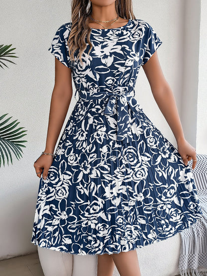 Spring Summer Elegant Floral Short Sleeve Large Hem Pleated Dress Women Clothing