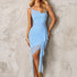 Summer Mesh Splicing Sling Dress Sexy Slim U Neck Irregular Asymmetric Slit Pleated Dress by Ragazza