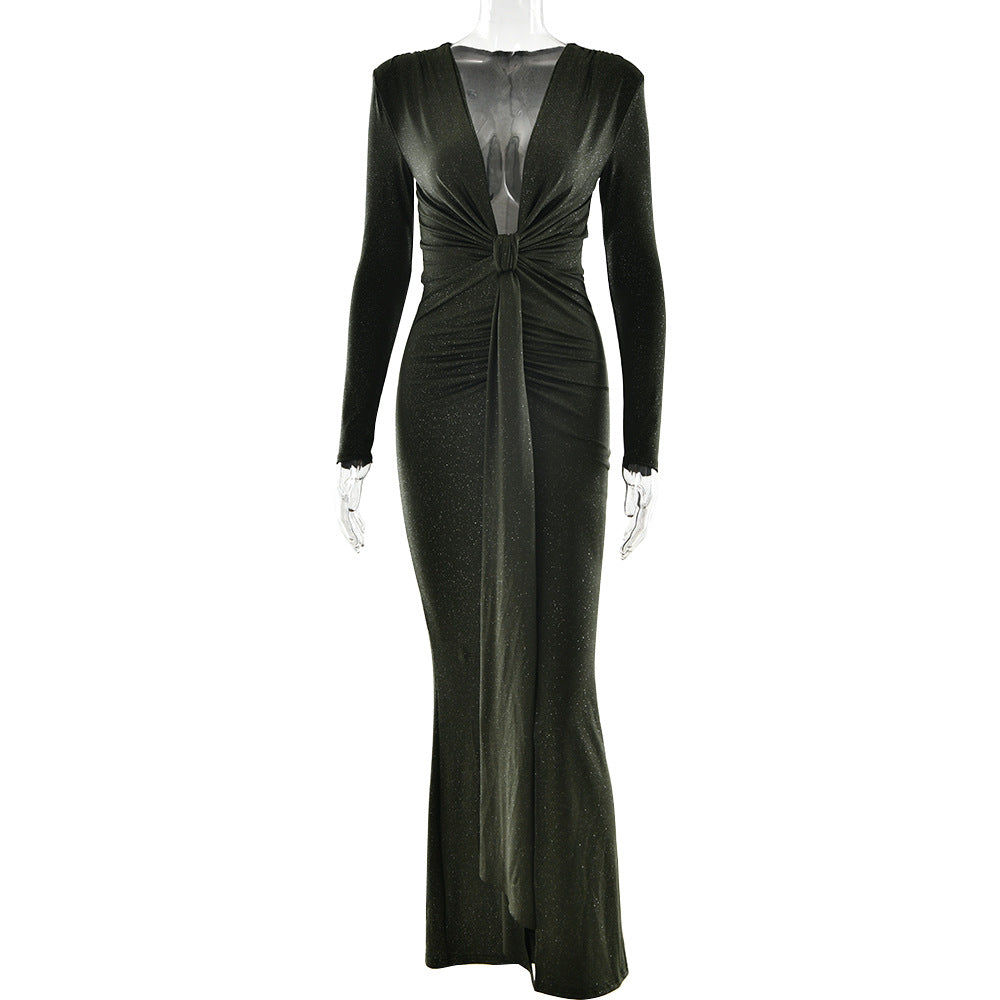 Autumn Winter Sexy Deep V Plunge neck Ribbon Dress Sexy Slit Slim Fitting Dress by Ragazza