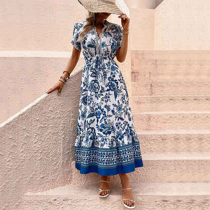 Summer Women Clothing Blue Printed Dress Slimming