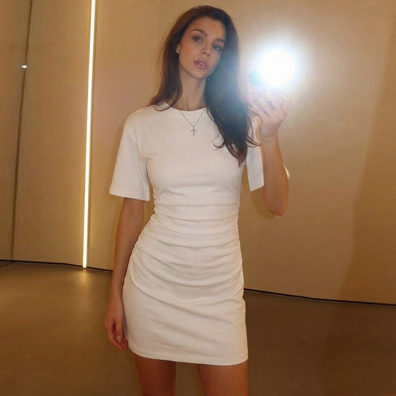 Women Clothing Autumn All Match Simple Pleated Waist Tight Slimming Dress