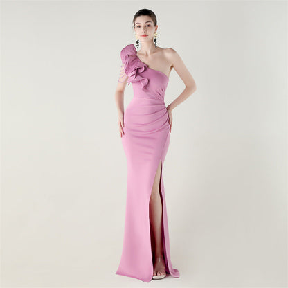 One Shoulder Craft Beading Wave Floral Satin High Slit Sexy Evening Dress Dinner Party Wedding Social