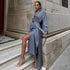 Haze Blue Waist Slimming Satin Sexy Slit Dress Fall Winter Dress by Ragazza