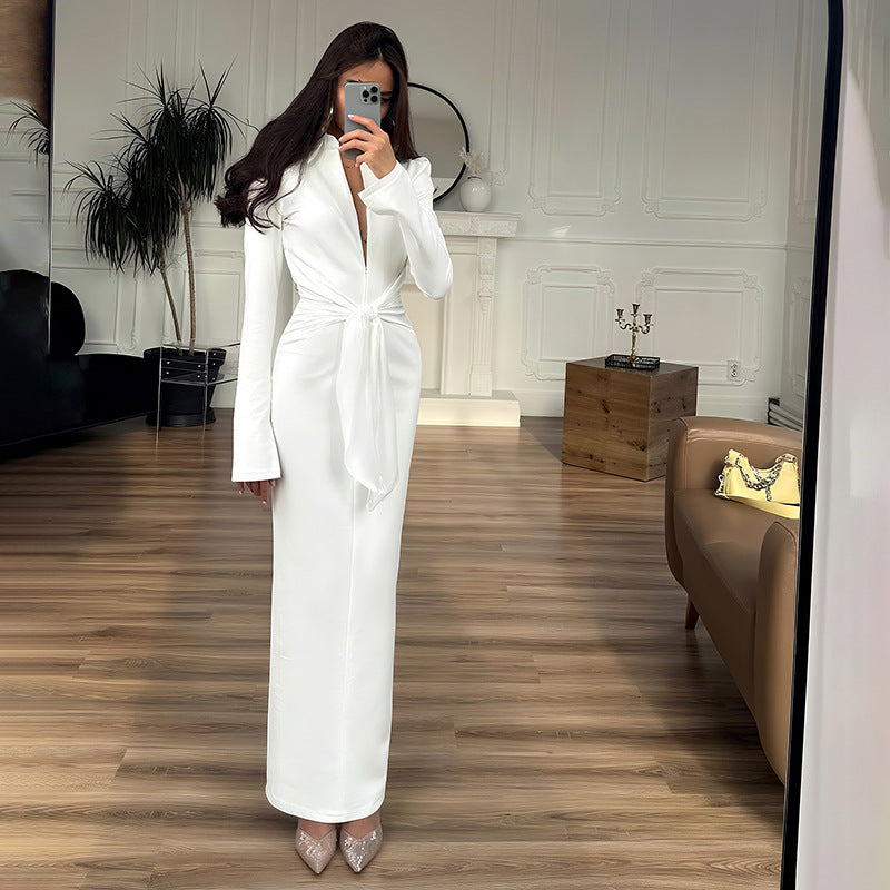 Fall Women Clothing Solid Color Collared Waist Tight Slim Fit Lace up Long Sleeve Zipper Dress by Ragazza
