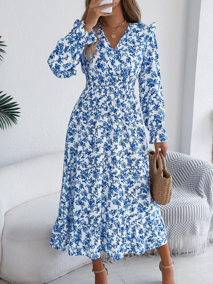 Autumn Winter Elegant Floral Cross V neck Waist Trimming Ruffles Maxi Dress Women Clothing