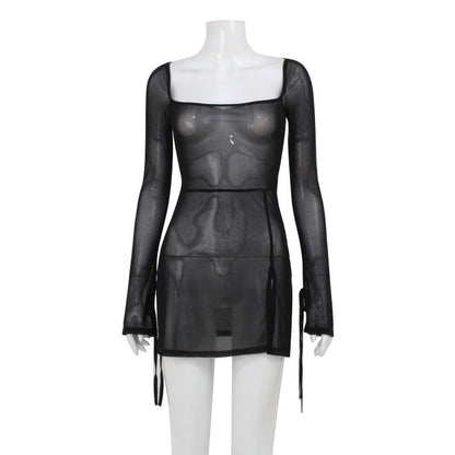 Summer Women Clothing Refreshing Slim Fit Square Collar Sexy Mesh See through Beach Cover Up Slim Fit Sexy by Ragazza