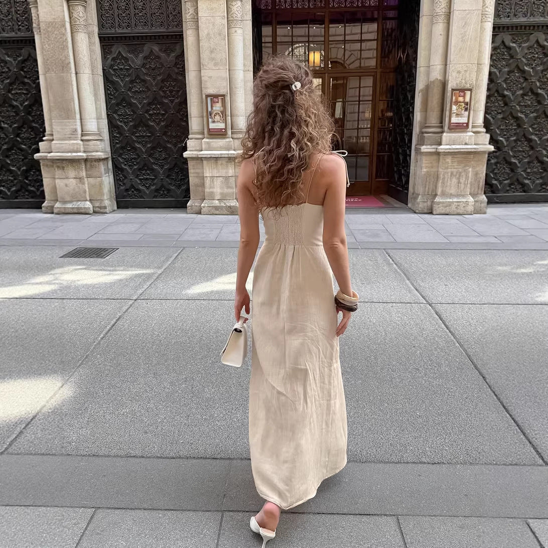 Summer Women Clothing Khaki Cotton Linen Split Suspender Sexy Slim Dress by Ragazza