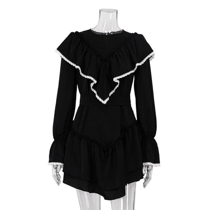 Autumn Bell Sleeve Ruffled Dress for Women Dignified Sense of Design Black Dress