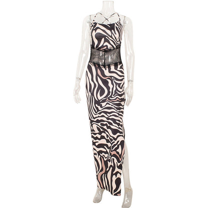 Summer Tiger Pattern Bare Back Mesh Splicing Sling Dress High Slit Beach Vacation Dress by Ragazza