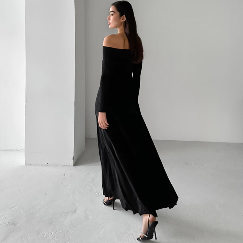 French Brushed Knitted Off Neck Slim Fit High Waist Pullover Dress Autumn Dress