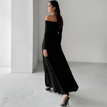 French Brushed Knitted Off Neck Slim Fit High Waist Pullover Dress Autumn Dress