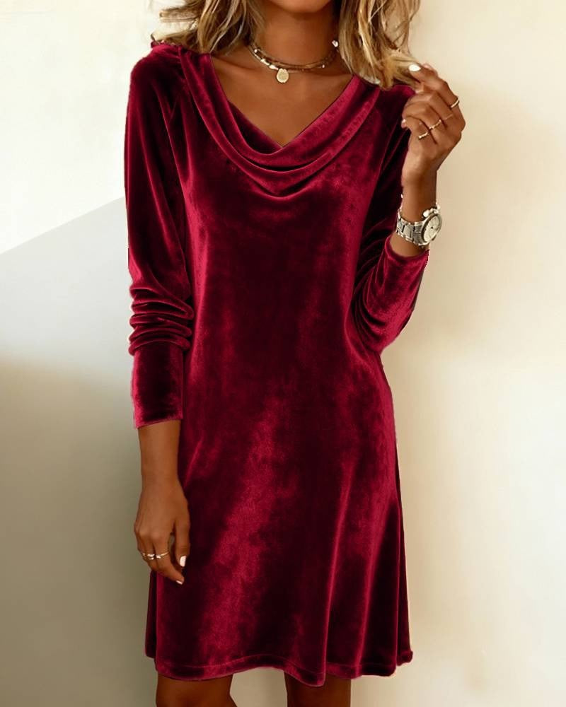 Pleuche Dress Women Autumn Winter Elegant Swing Collar Slim Fit Elegant Velvet Midi Dress