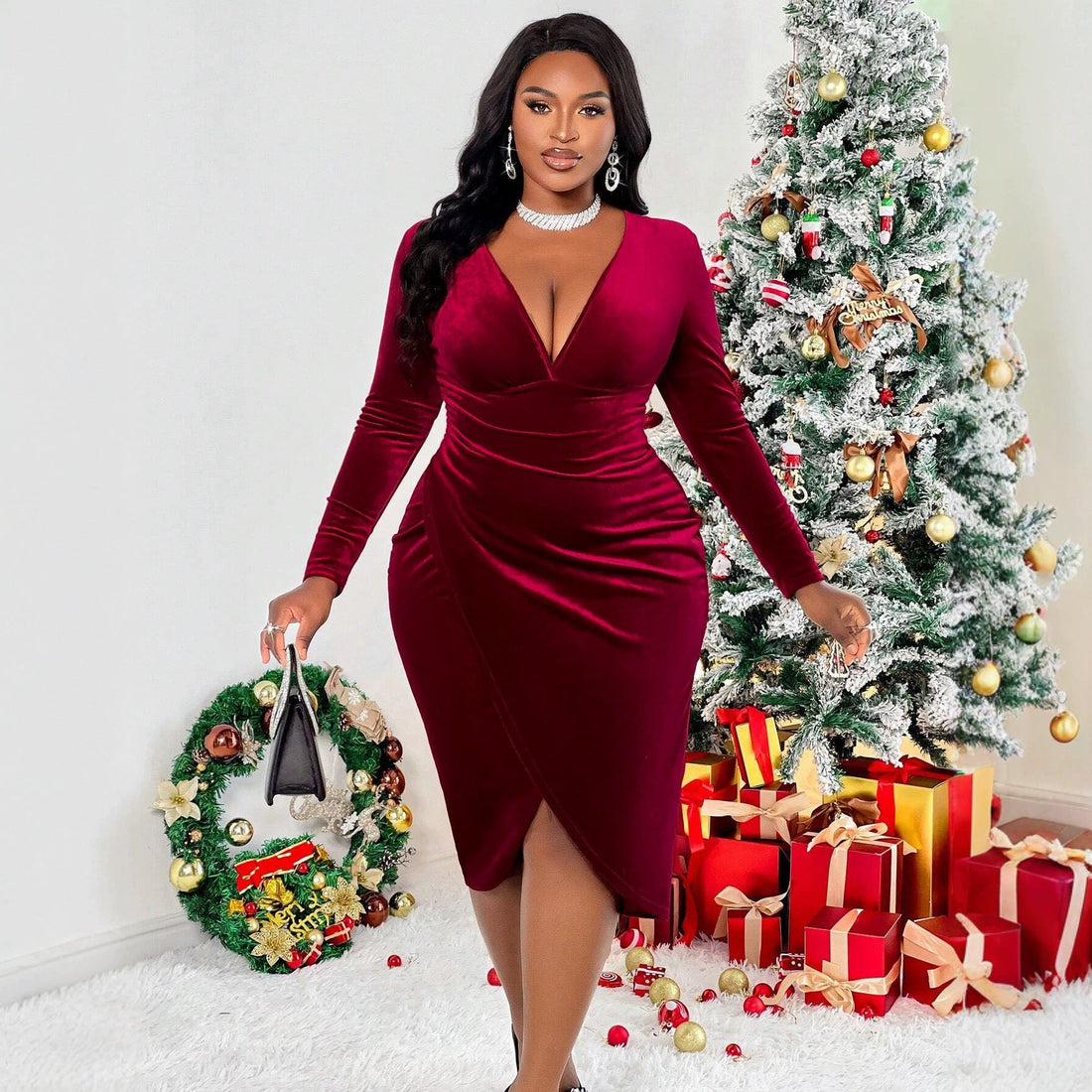 Velvet Dress Deep V Plunge neck Long Sleeve Pleated Waist Tight Split Slimming Christmas Sheath Dress by Ragazza