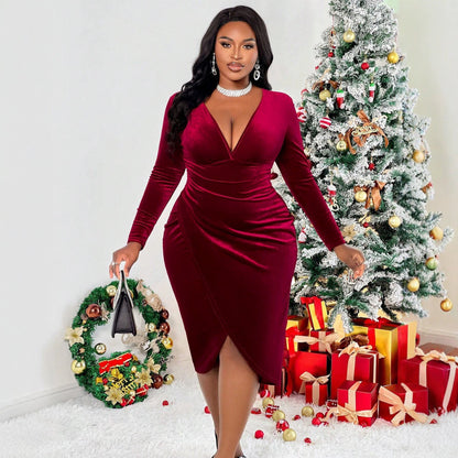 Velvet Dress Deep V Plunge neck Long Sleeve Pleated Waist Tight Split Slimming Christmas Sheath Dress by Ragazza