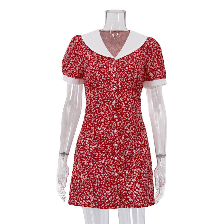 Elegant French Print Short Dress Women Polo Collar Short Sleeve Waist Controlled Floral Dress by Ragazza