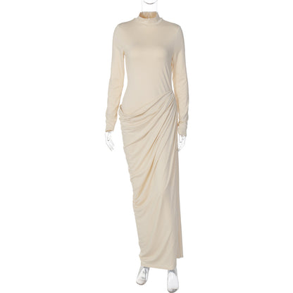 French Women Autumn Sexy Slim Fit Backless Button Solid Color Long Sleeve Dress