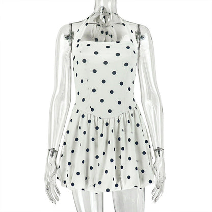 Black White Women Printed Wear Polka Dot Cinched Pleated A line Dress Halter Short Sleeveless Dress Tide by Ragazza