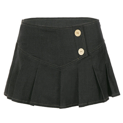 Retro Button Pleated Skirt Women Sexy Casual Street Low Waist Slimming Skirt by Ragazza