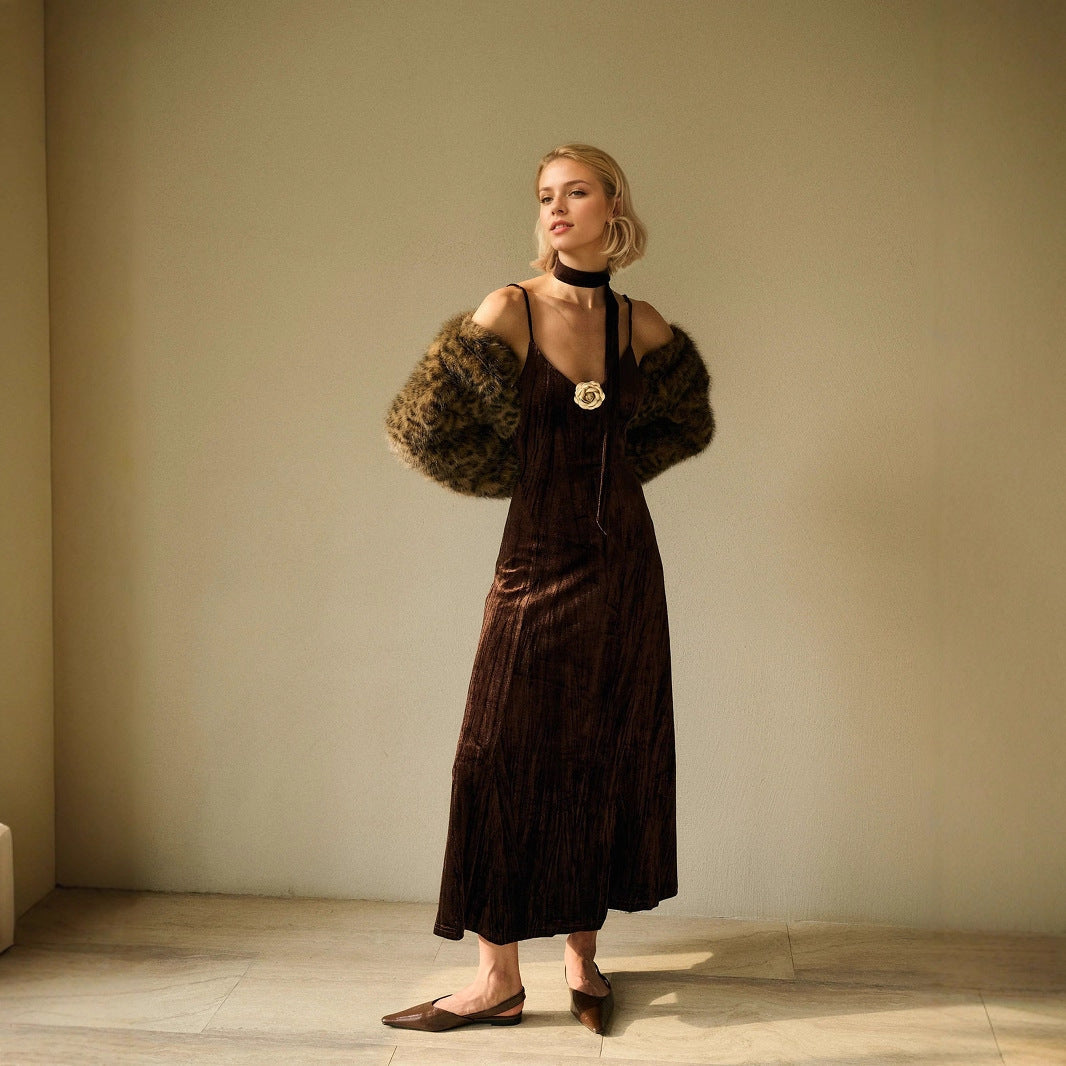 Cocktail Retro Brown Lace up with Corsage Decoration Velvet Pleated Sexy Cami Dress by Ragazza