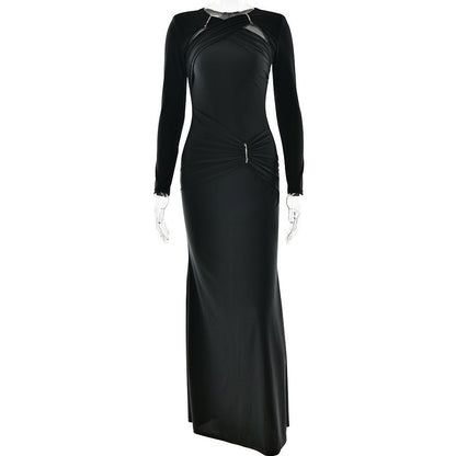 Dress Women round Neck Long Sleeve Sexy Slim Pleated Maxi Dress Elegant Dress by Ragazza