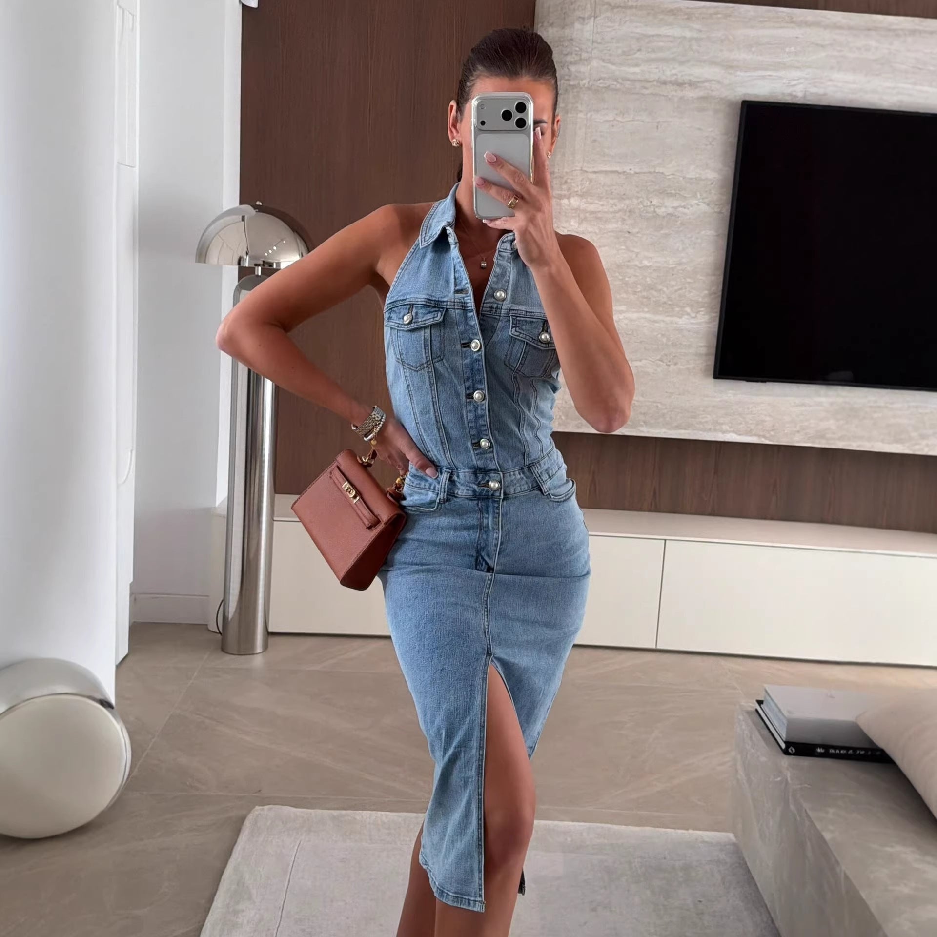 Women Summer Single Breasted Collared Sleeveless Waist A line Denim Dress by Ragazza