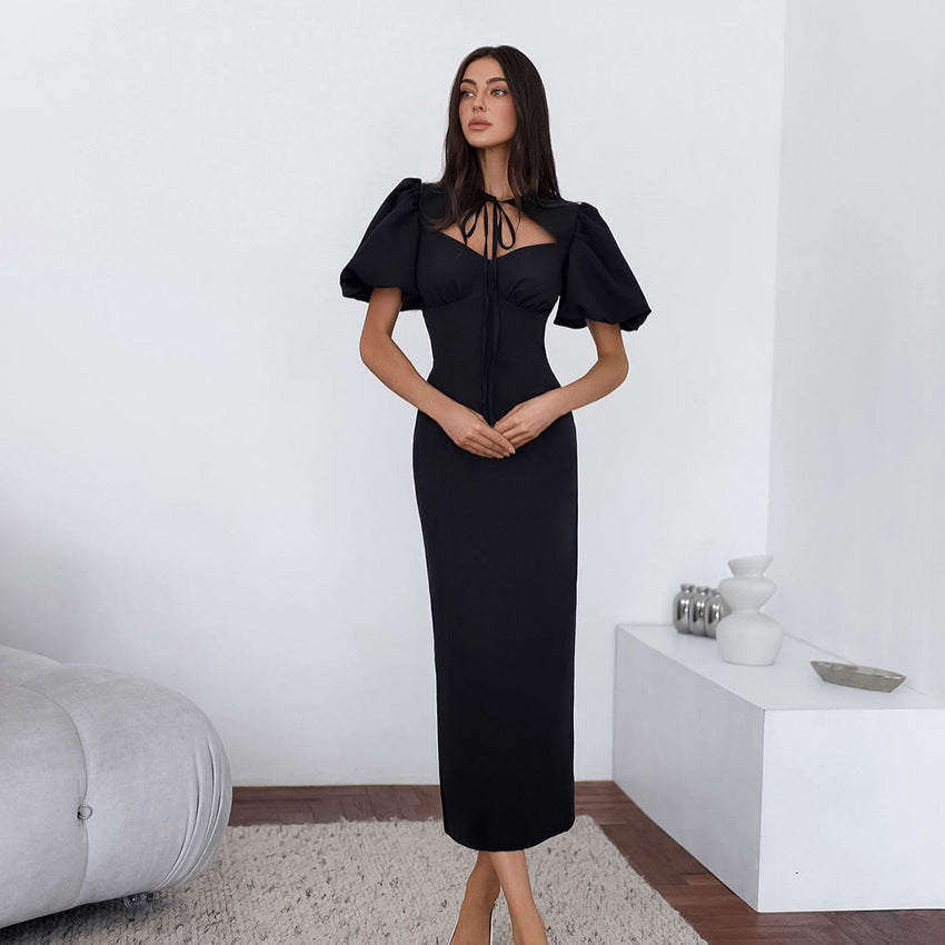Summer Elegant Sexy Puff Sleeve Lace up Slim Fit Short Sleeve Dress Women by Ragazza