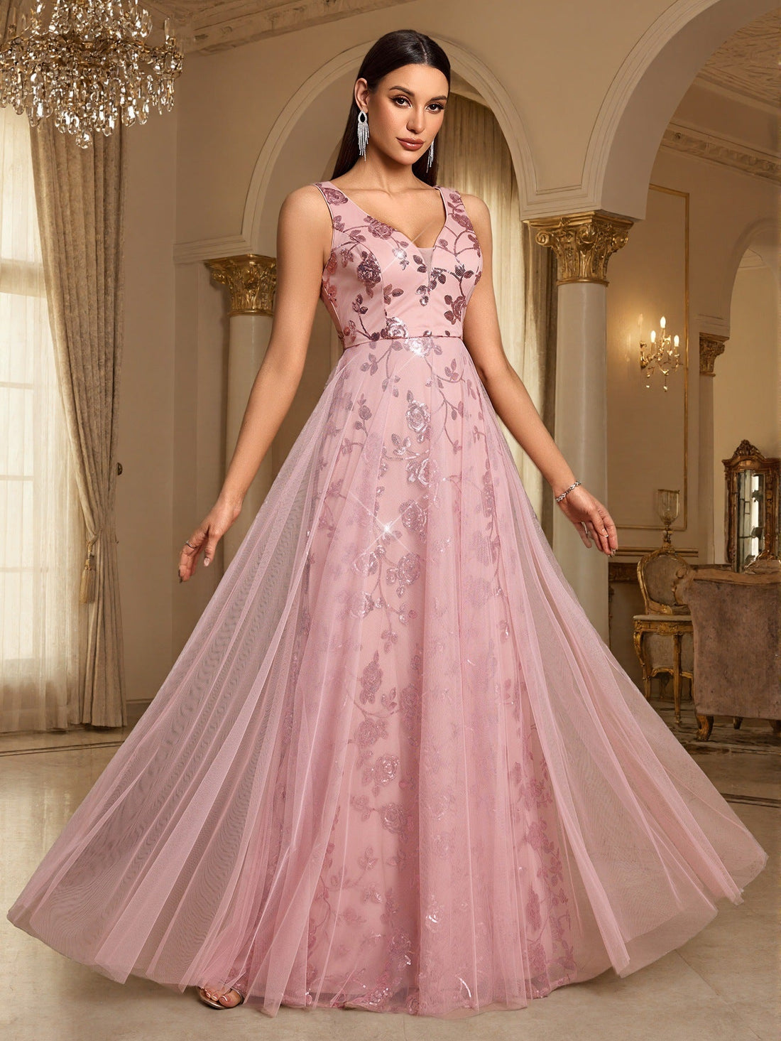 Sexy Deep V Plunge neck Large Swing Evening Dress Elegant Sexy Strap Pattern Sequin Gauze Dress Women by Ragazza