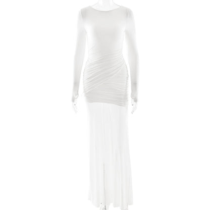 Women Clothing Autumn Winter Voile See through Solid Color Dress Sexy Slim Fit Backless Split Dress by Ragazza