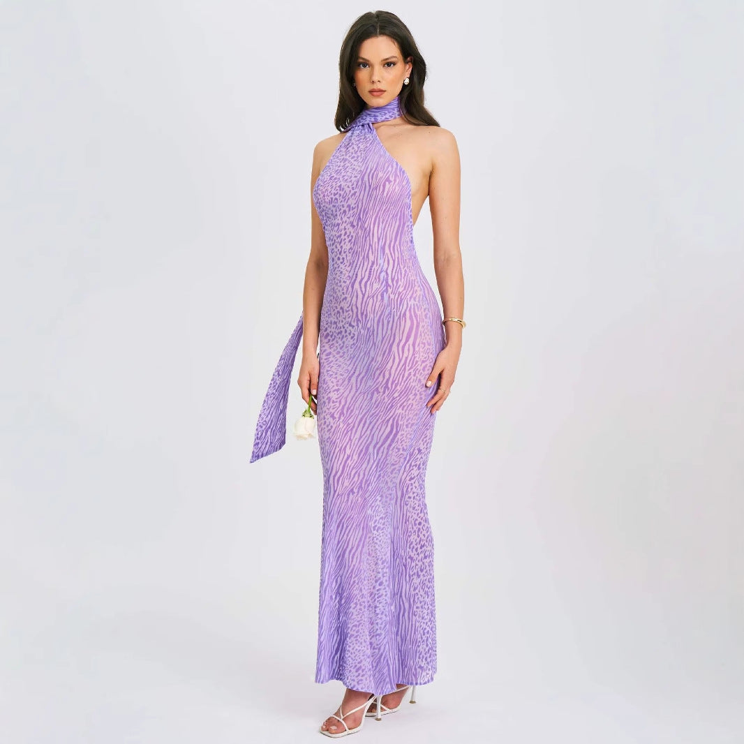 Lace up Bare Back Sexy Halter High Waist See through Mesh Slim Fit Oblique Shoulder Dress by Ragazza