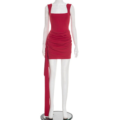 Women Clothing Spring Solid Color Square Collar Spaghetti Straps Sleeveless Ribbon Sheath Slim Fit Short Dress