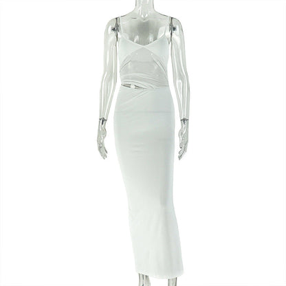 Women Clothing Slightly Transparent Solid Color Asymmetric Sling U Collar Hip Dress One Step Elegant Maxi Dress