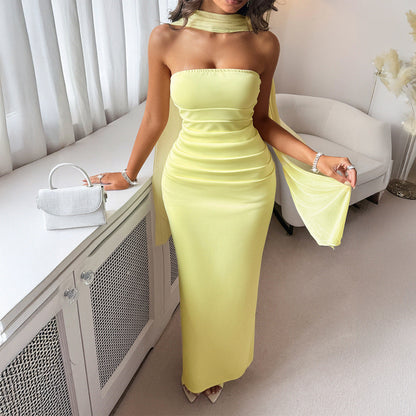 Women Clothing Summer Elegant Lace up Solid Color Hip Dress