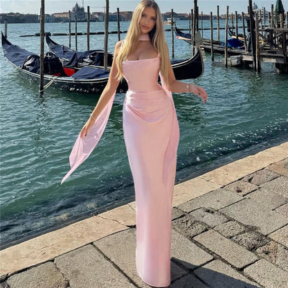 Autumn Winter Women Clothing Solid Color Scarf Collar Pleated Sexy Slim Fit Backless Dress for Women