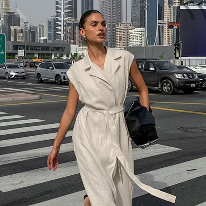 Women Cotton Linen Collar Belt Office Dress Spring Summer Dress by Ragazza