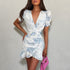 Printed Dress Women Summer V neck Short Sleeve Ruffled Waist Tight Hip Dress by Ragazza