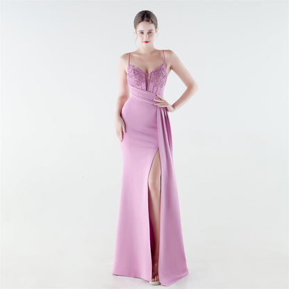 Deep V Plunge Waist Tight High Slit Sequin Embroidered Strap Slim Fit Elegant Evening Dress