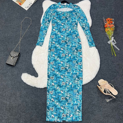 Elegant Turtleneck Long Sleeve Slim Women Clothing Split Print Maxi Dress