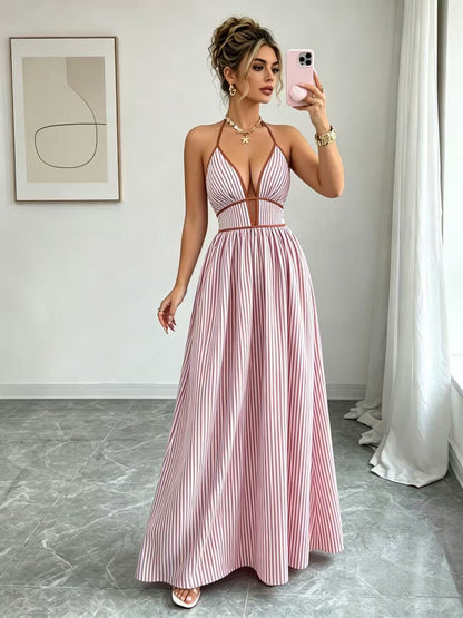 Casual Sleeveless Halter Fitted Waist Striped Color Matching Long Maxi Dress by Ragazza