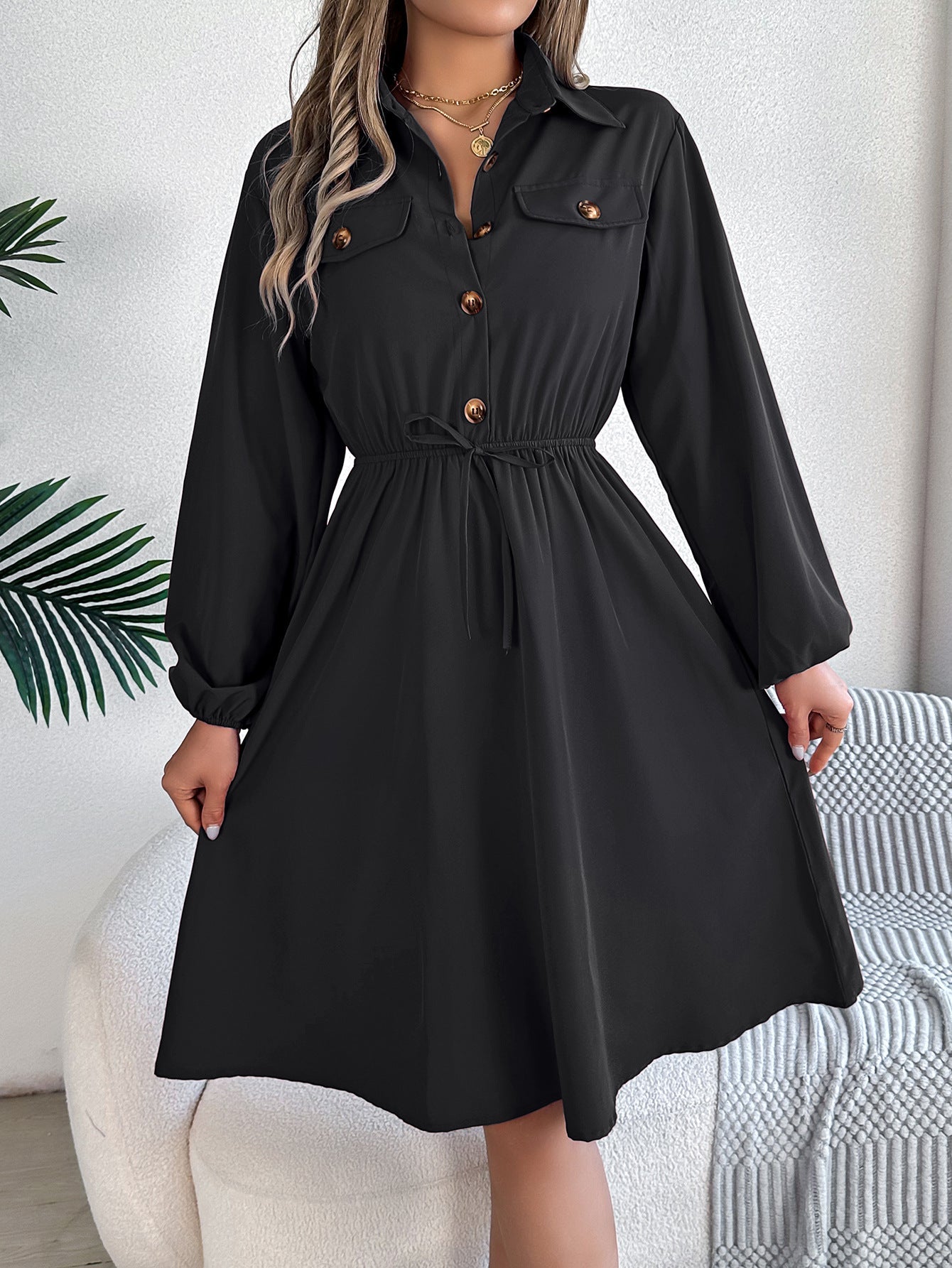 Real Shot Autumn Winter Casual Button Lace up Waist Controlled Long Sleeves Shirt Dress Women Clothing