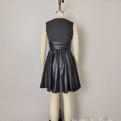 Graceful Fashionable Sleeveless round Collar Design Leather Stitching Dress by Ragazza