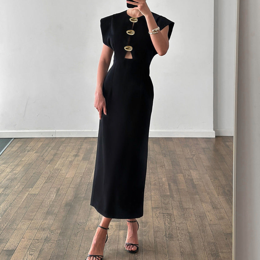 Summer Women Clothing Black Design Tight Waist Hollow Out Cutout Commuting Elegant Dress by Ragazza
