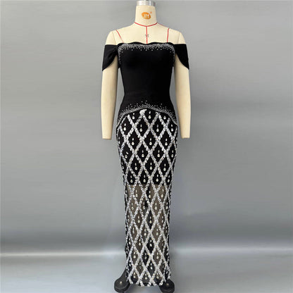 Ladies Light Luxury High End Rhinestone Bandage Top Net Drill Sequined Dress Two Piece Women Clothing