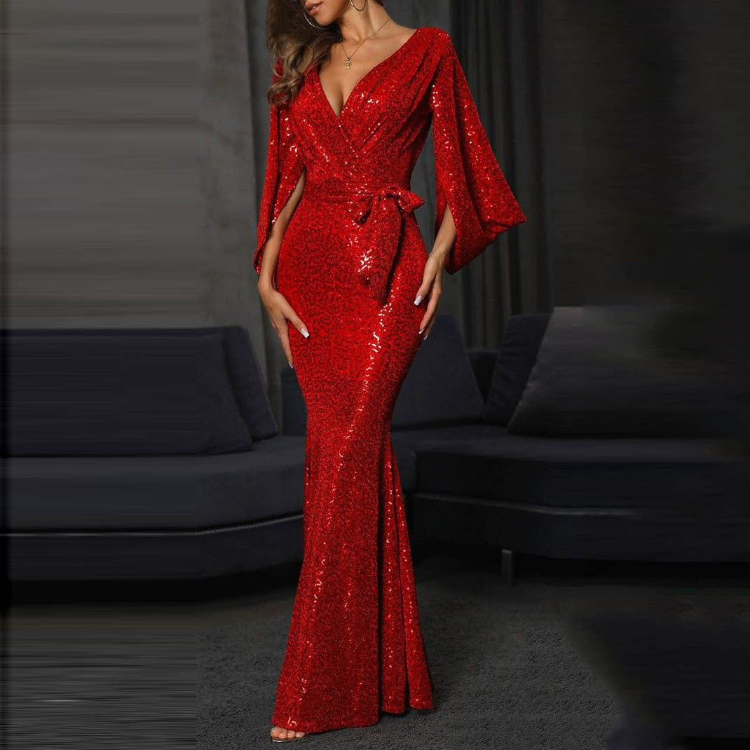 Summer Dress Sexy Slit Solid Color Sequ Long Mop Evening Dress by Ragazza