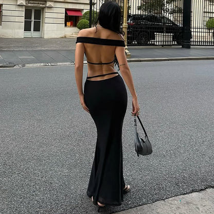 Women Clothing Autumn Winter Sexy Backless Hollow Out Cutout out Solid Color Slim Dress for Women
