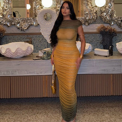Slim Fit Slimming Women Color Matching Pleated Hip Dress off Neck Gradient Color One Step Maxi Dress