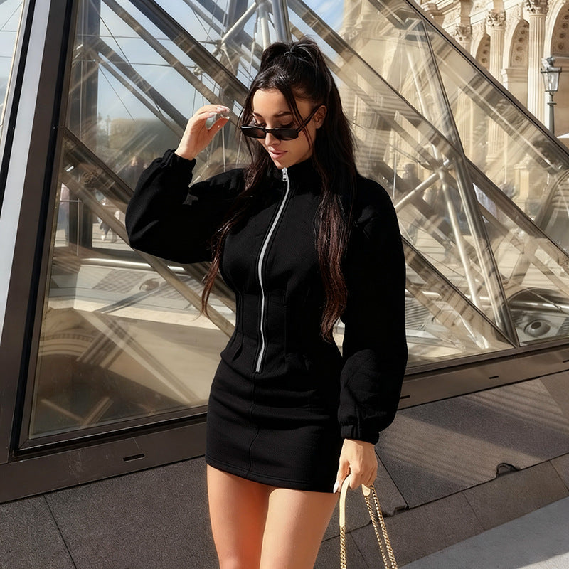 Women Clothing Autumn Winter Solid Color Casual Stand Collar Long Sleeve Zipper Waist Tight Sweater Short Dress