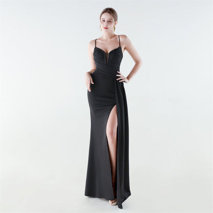 Deep V Plunge Waist Tight High Slit Sequin Embroidered Strap Slim Fit Elegant Evening Dress