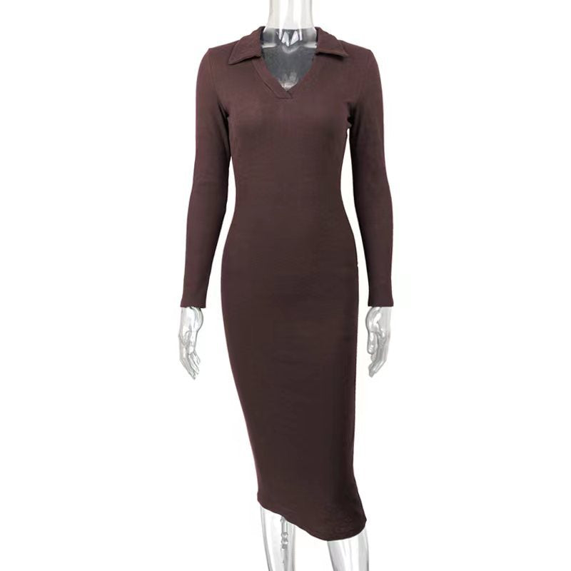 Autumn Winter Women Clothing Midi French Sexy Deep V Plunge Plunge Collared Slimming Dress