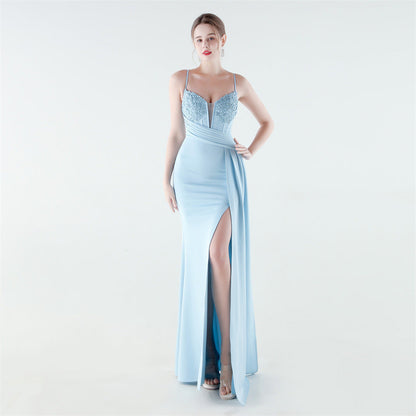 Deep V Plunge Waist Tight High Slit Sequin Embroidered Strap Slim Fit Elegant Evening Dress