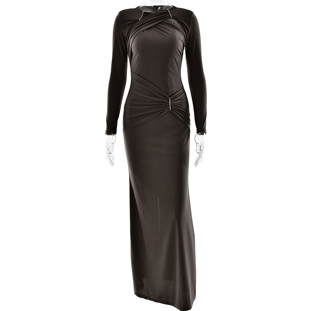 Dress Women round Neck Long Sleeve Sexy Slim Pleated Maxi Dress Elegant Dress by Ragazza